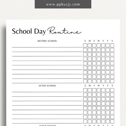 School Day Routine Tracker Printable Template – Digital download for managing school schedules, homework, and daily routines.