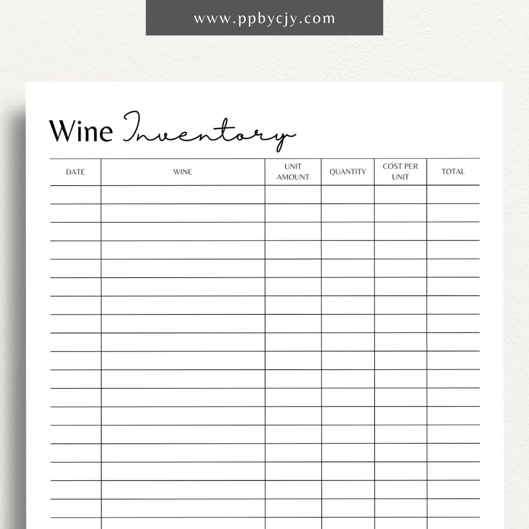 Wine Inventory Printable Template – Digital download for cataloging and managing your wine collection, including details like wine type, vintage, quantity, and storage location