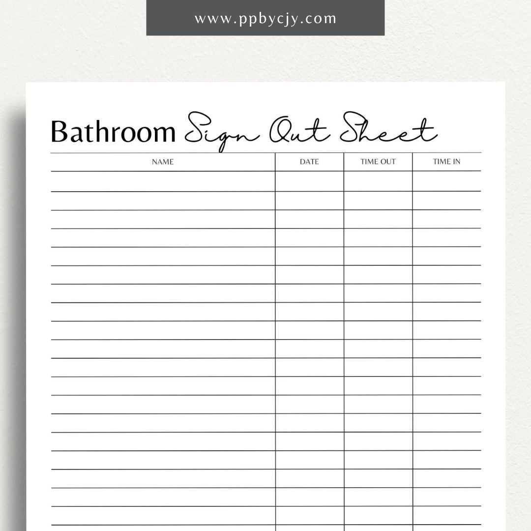 Bathroom Sign-Out Sheet Printable Template – Digital download for tracking restroom usage in classrooms or offices.