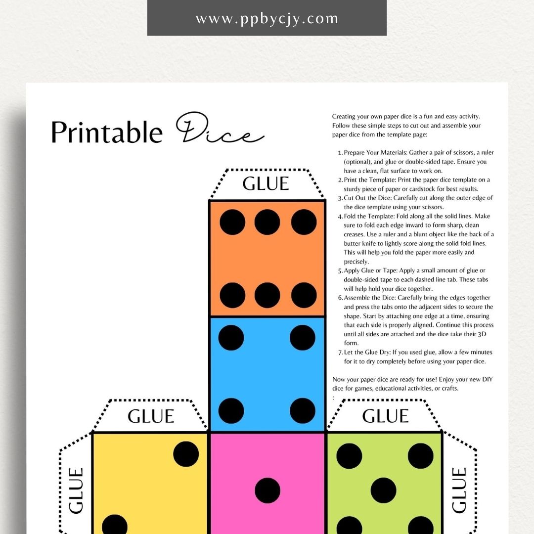 Paper Dice Printable Template – Digital Download for Creating Custom Dice with easy-to-assemble designs and instructions for cutting and folding