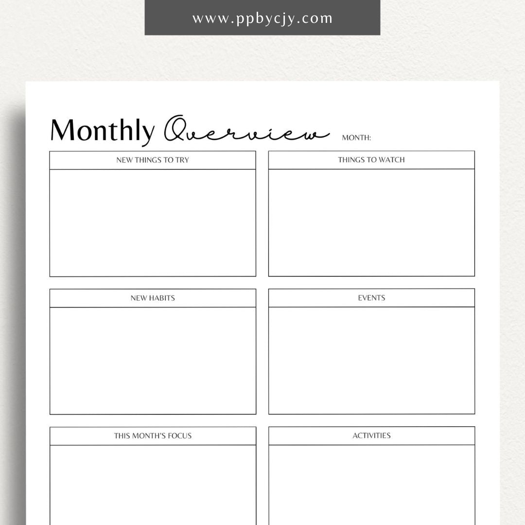 Monthly Overview Printable Template – Digital download for planning monthly schedules, setting goals, and organizing tasks.