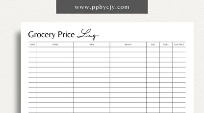 Grocery Price Log Printable Template – Digital download for tracking and comparing grocery prices over time.