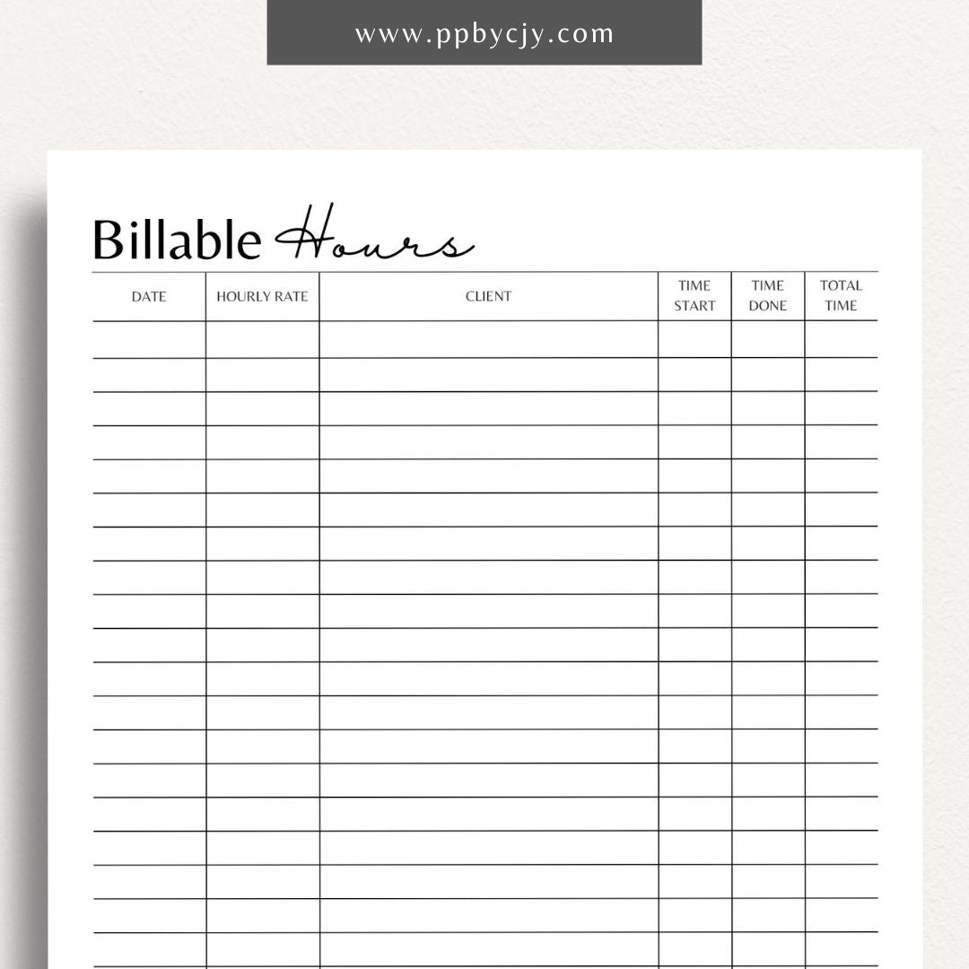 Billable Hours Log Printable Template – Digital download for tracking work hours, client projects, and billable time.