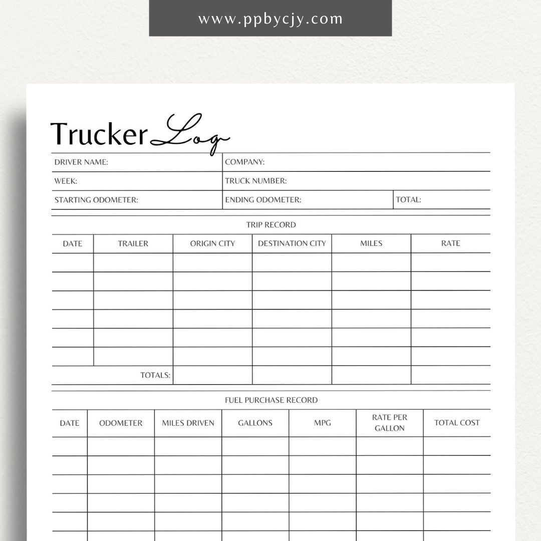 Trucker Log Template Printable – Digital download for driver mileage tracking