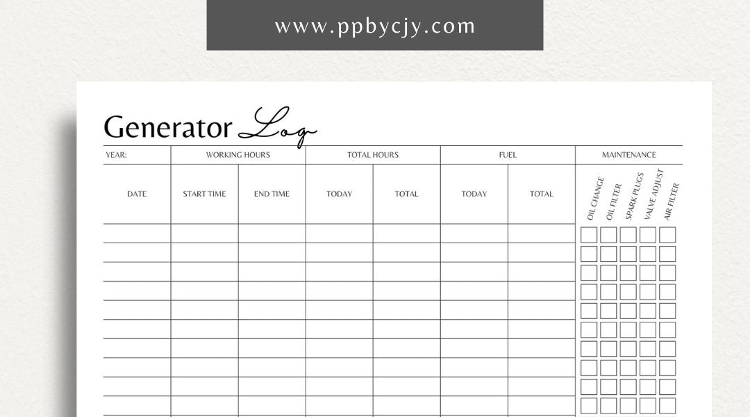 Generator Log Printable Template – Digital download for tracking maintenance, fuel, and run time for emergency preparedness.