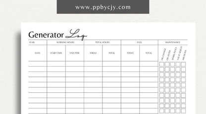 Generator Log Printable Template – Digital download for tracking maintenance, fuel, and run time for emergency preparedness.