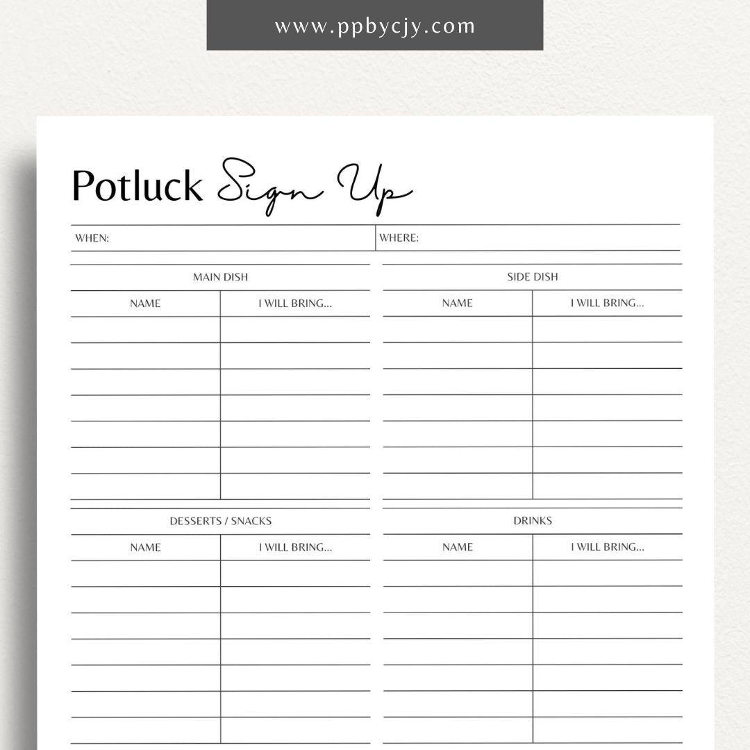 Potluck Sign Up Sheet Printable Template – Digital download for organizing and coordinating contributions for a potluck event