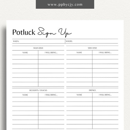 Potluck Sign Up Sheet Printable Template – Digital download for organizing and coordinating contributions for a potluck event