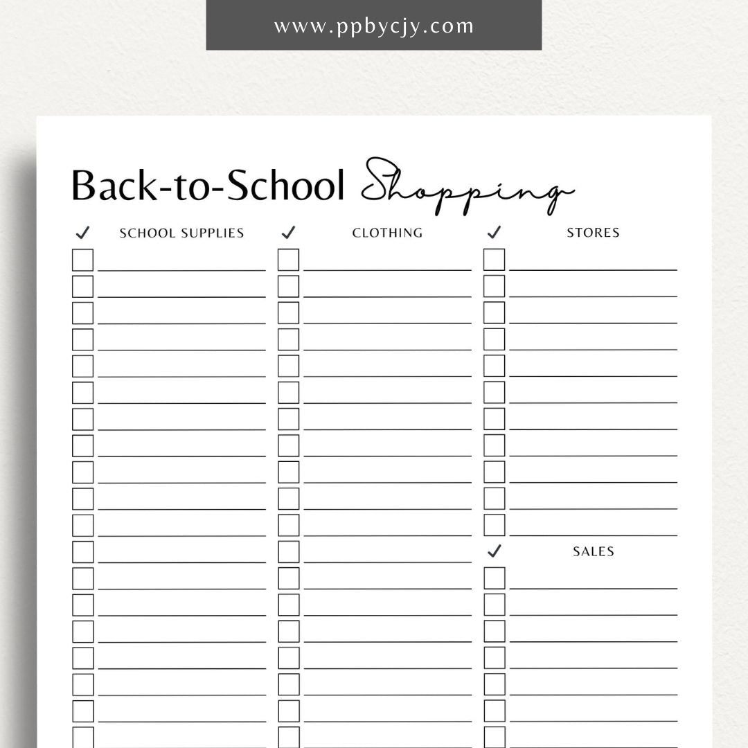 Back-to-School Shopping List Printable Template – Digital download for organizing and checking off school supplies.