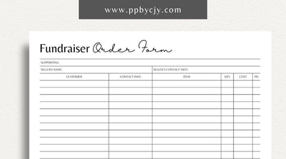 Fundraiser Order Form Printable Template – Digital download for tracking item orders, managing sales, and organizing fundraising events.