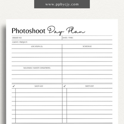 Photoshoot Day Plan Printable Template – Digital download for organizing and planning photography sessions, shoot day schedules, and equipment lists