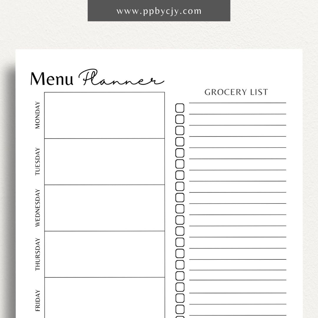 Weekly Meal Planner Printable Template – Digital download for organizing and planning meals for the week, including meal ideas, ingredients, and grocery lists