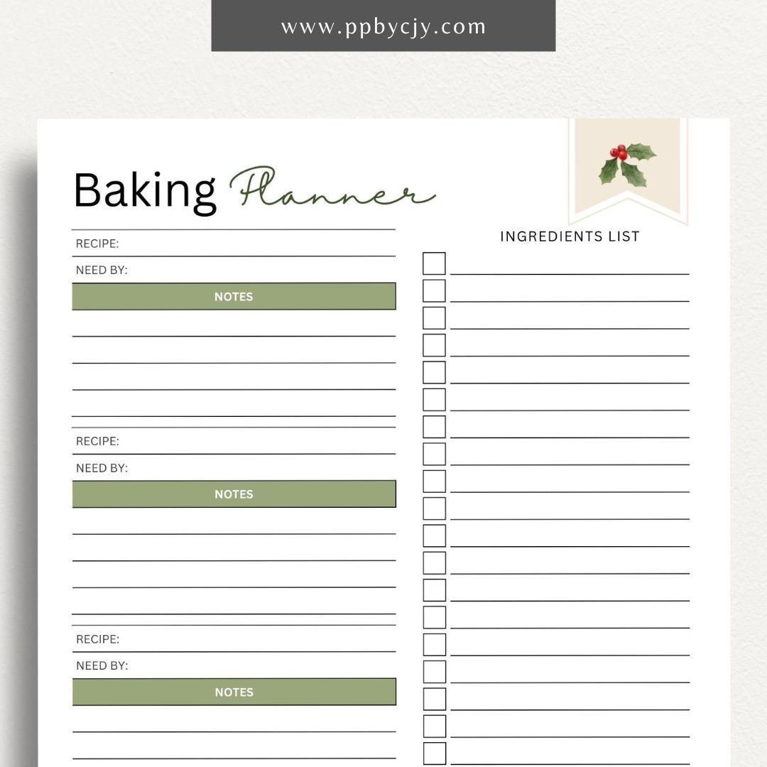 Baking Planner Printable Template – Digital download for organizing recipes, ingredients, and baking schedules