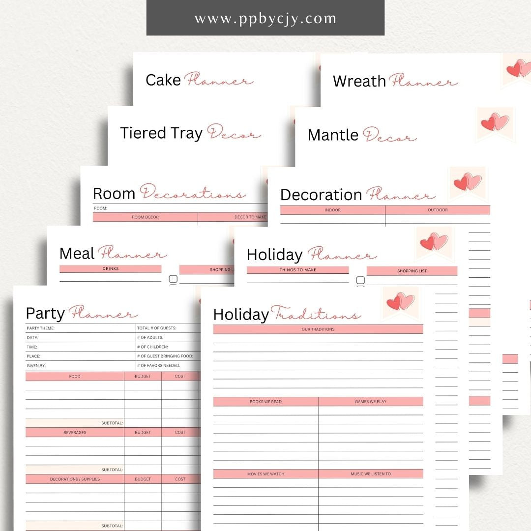 Valentine's Day Planner Bundle Printable Template – Digital download for a comprehensive set of planners to organize and manage all aspects of Valentine's Day, including gift planning, event schedules, meal ideas, and romantic activities