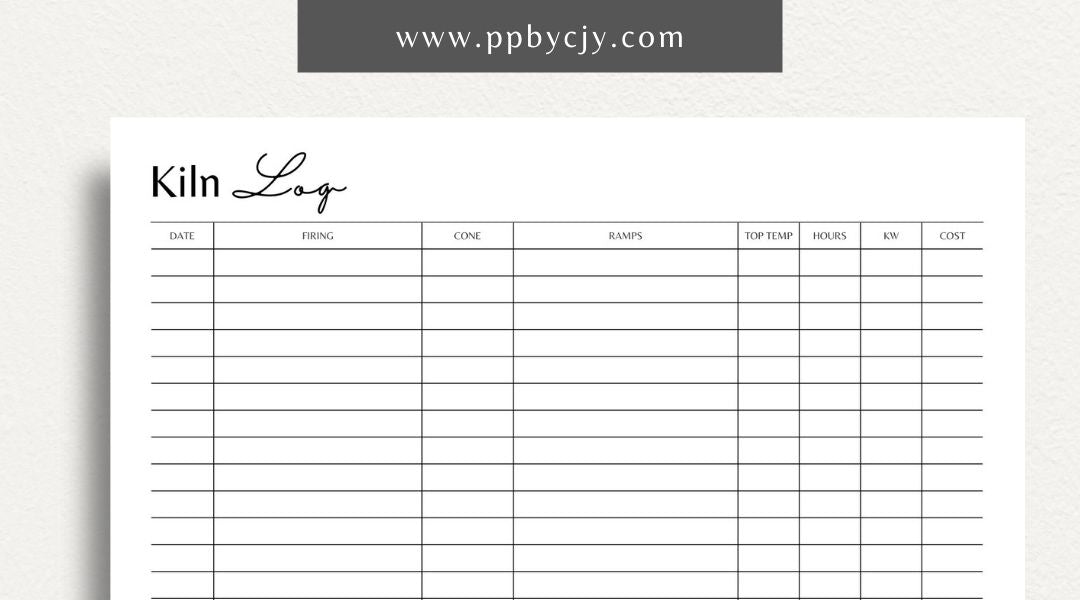 Kiln Log Printable Template – Digital download for tracking ceramic kiln operations, including firing schedules, temperatures, and kiln performance