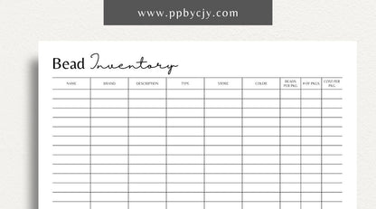 Bead Inventory Printable Template – Digital download for tracking bead collections, organizing craft supplies, and jewelry making projects.