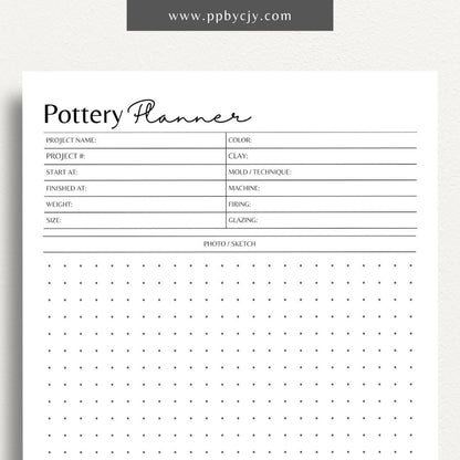 Pottery Planner Printable Template – Digital download for organizing ceramic projects, including design planning, material tracking, and firing schedules