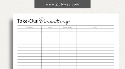 Take-Out Directory Printable Template