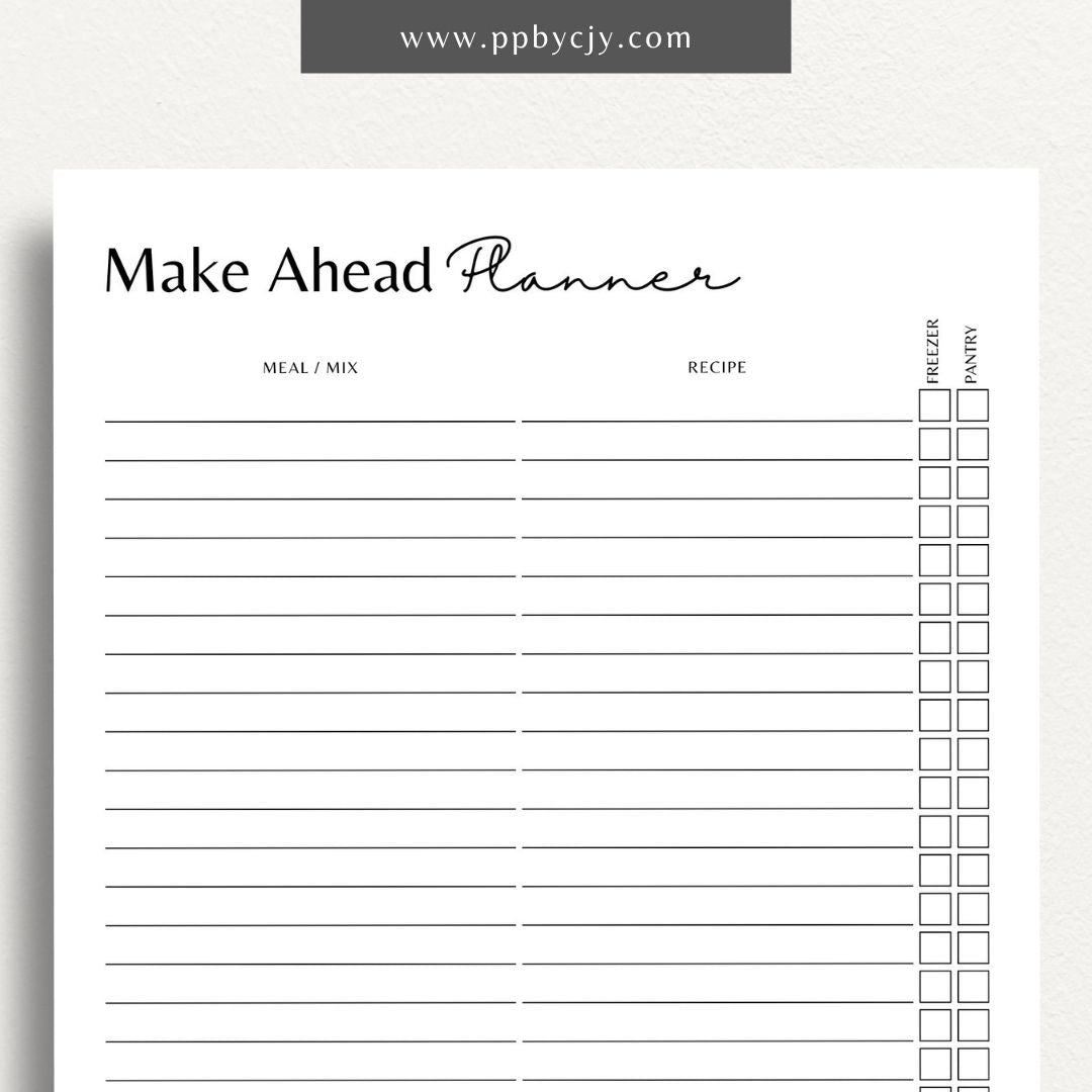 Make-Ahead Meal Planner Printable Template – Digital download for organizing weekly meals, prepping in advance, and managing freezer meals.