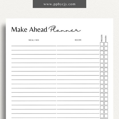 Make-Ahead Meal Planner Printable Template – Digital download for organizing weekly meals, prepping in advance, and managing freezer meals.