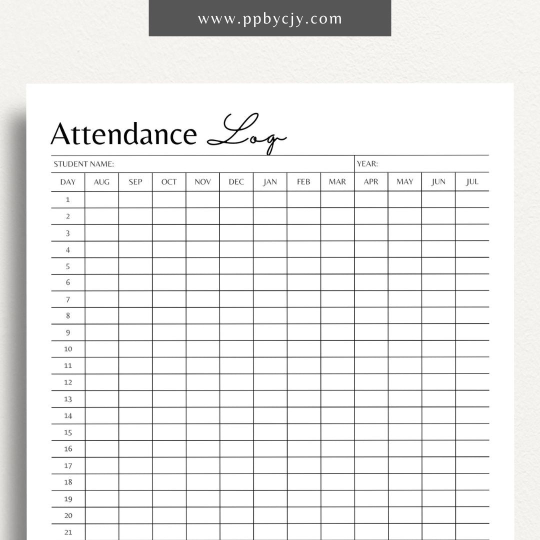 Homeschool Attendance Log Printable Template – Digital download for tracking daily and weekly homeschool attendance, perfect for homeschool record-keeping and organization.