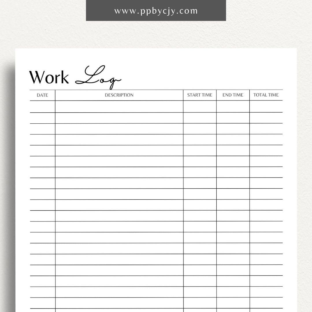 Project Hours Work Log Printable Template – Digital download for tracking work hours, tasks, and project time.