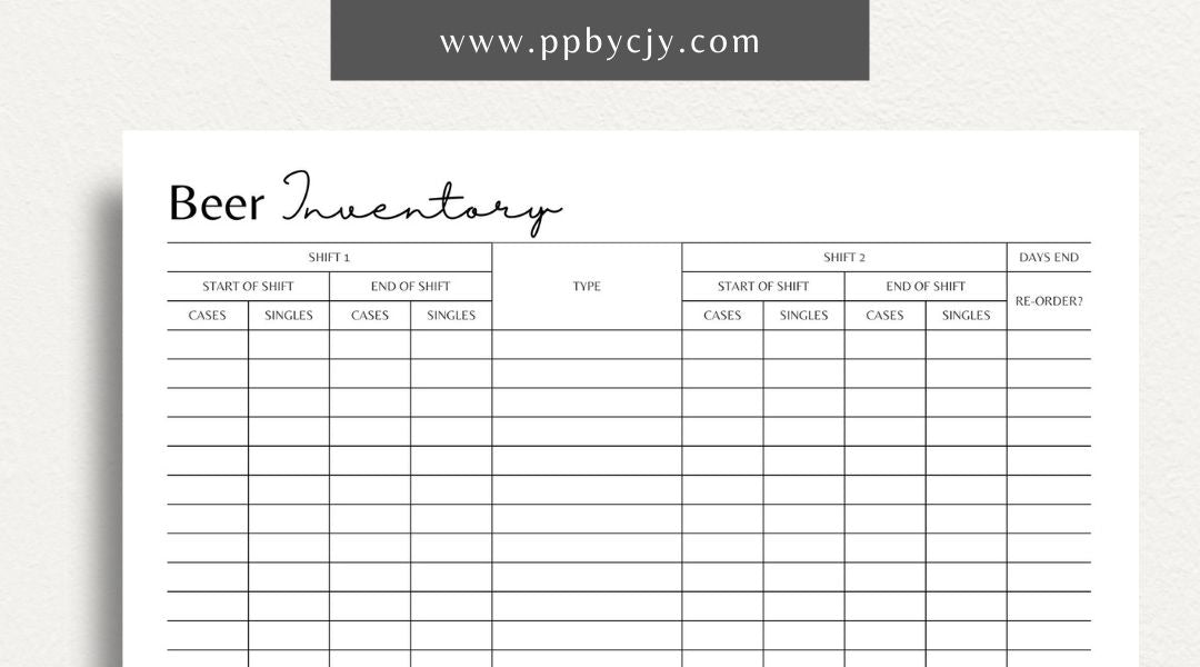 Beer Inventory Printable Template – Digital download for tracking beer collection, managing home bar stock, and organizing craft beer.