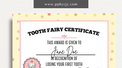 Personalized Tooth Fairy Certificate Printable Template – Digital download for creating customized certificates to celebrate a child's lost tooth, including space for the child’s name and the Tooth Fairy’s message