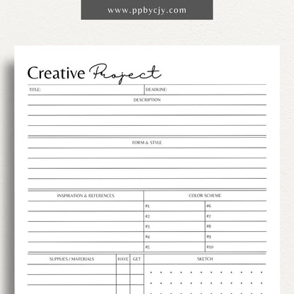 Creative Project Planner Printable Template – Digital Download for Organizing and Managing Creative Projects and Ideas