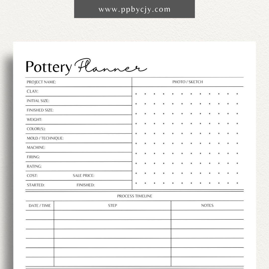 Pottery Planner Printable Template – Digital download for organizing ceramic projects, including design planning, material tracking, and firing schedules