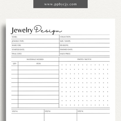 Jewelry Design Plan Printable Template – Digital download for organizing and planning jewelry designs with sections for sketches, materials, and measurements