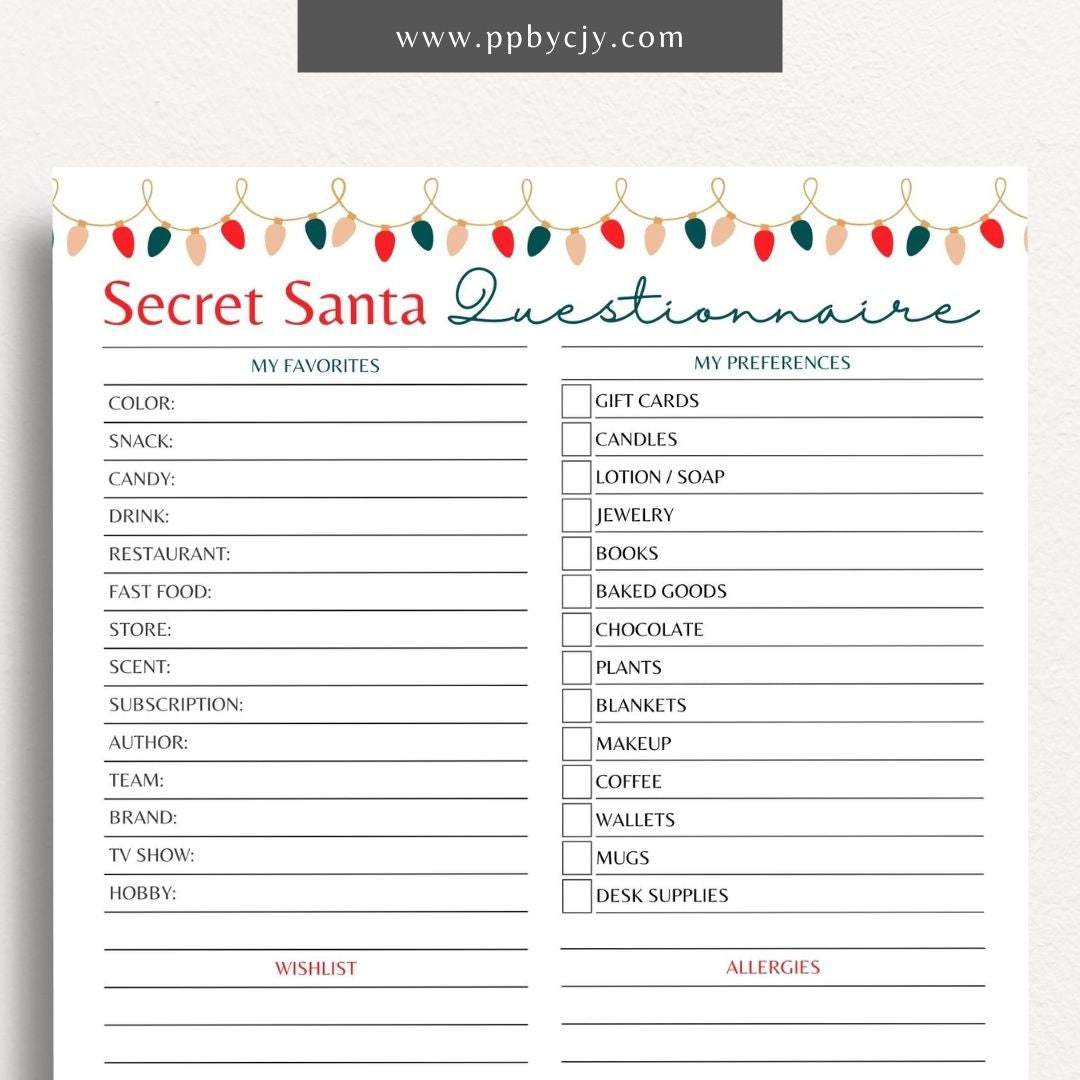 Secret Santa Sign Up Template Printable – Digital download for gift exchange planning