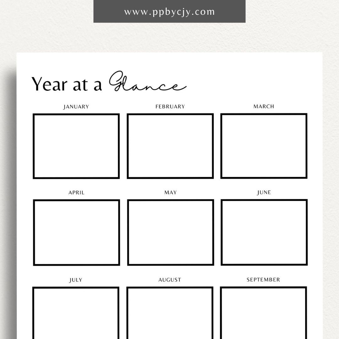 Year at a Glance Printable Template – Digital download for viewing and organizing the entire year at a glance, including important dates, events, and milestones