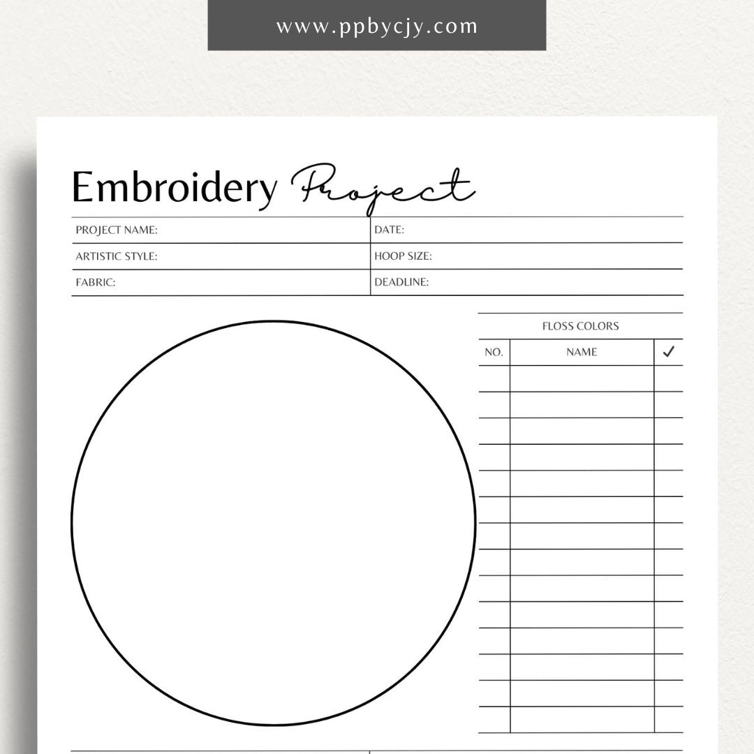 Embroidery Project Plan Printable Template – Digital download for organizing and planning embroidery projects with sections for design, materials, and progress tracking