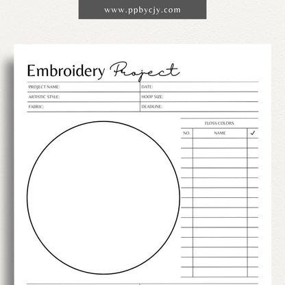 Embroidery Project Plan Printable Template – Digital download for organizing and planning embroidery projects with sections for design, materials, and progress tracking