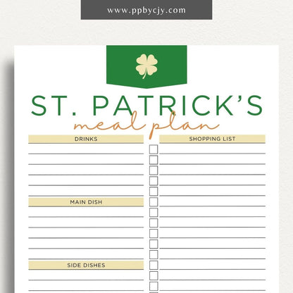 St. Patrick's Day Meal Planner Printable Template – Digital download for organizing and planning St. Patrick's Day meals, including recipes, ingredients, and meal schedules