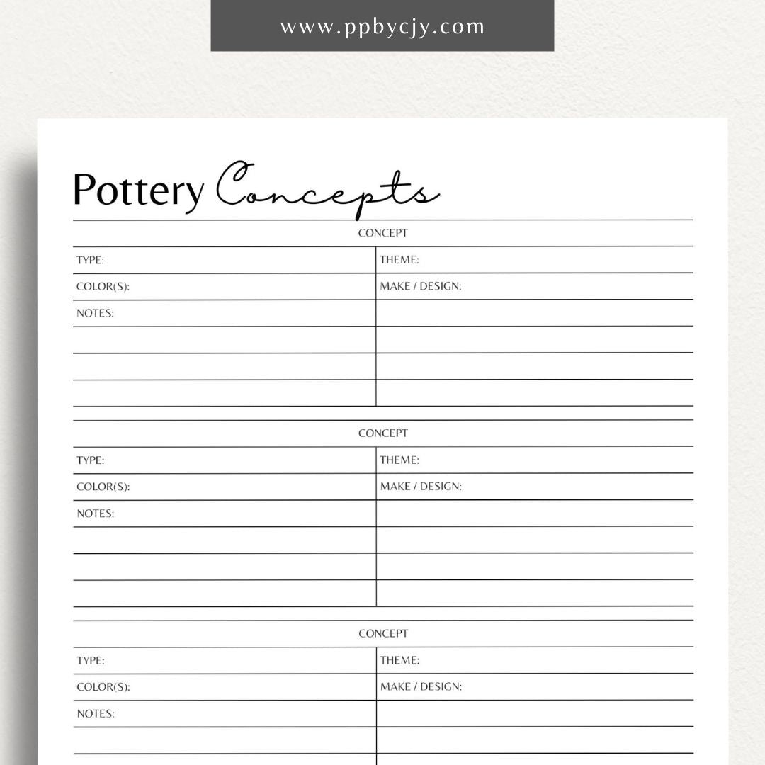 Pottery Concepts Printable Template – Digital download for planning and organizing ceramic design ideas, including sections for sketches, materials, and project tracking