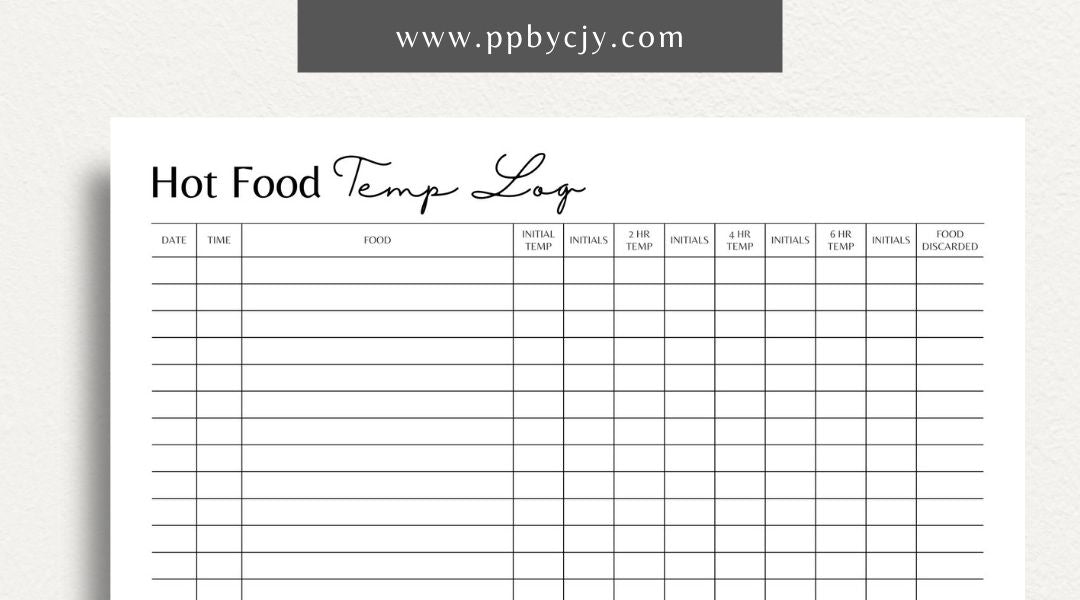 Hot Food Temp Log Printable Template – Digital download for tracking kitchen temperature and ensuring food safety.