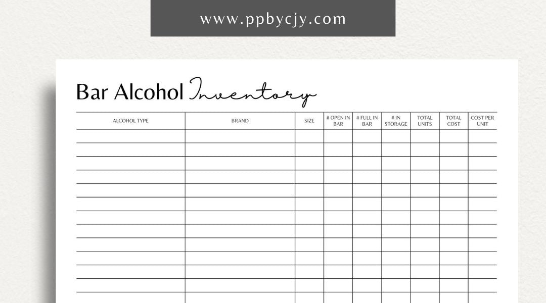 Alcohol Inventory Printable Template – Digital Download for Tracking and Managing Alcohol Stock