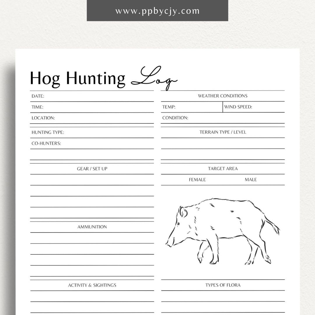 Hog Hunting Log Printable Template – Digital download for tracking hog hunting details, including sightings, weather, and equipment used.