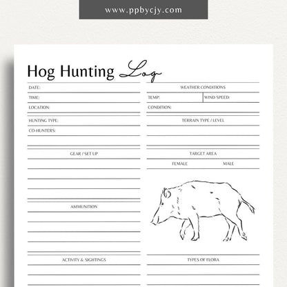 Hog Hunting Log Printable Template – Digital download for tracking hog hunting details, including sightings, weather, and equipment used.