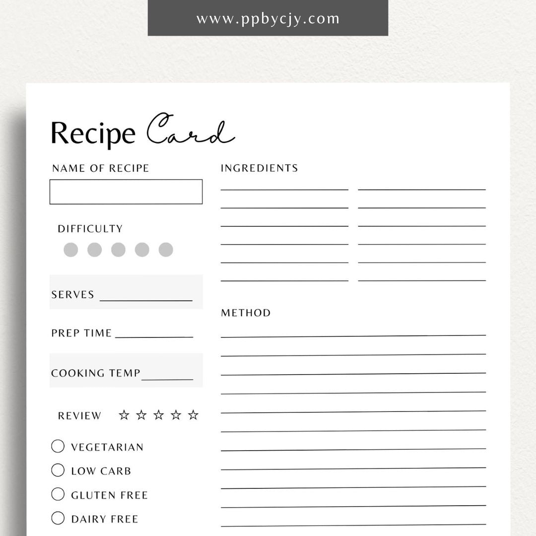 Recipe Card Printable Template – Digital download for organizing and documenting your favorite recipes and cooking instructions