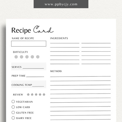 Recipe Card Printable Template – Digital download for organizing and documenting your favorite recipes and cooking instructions