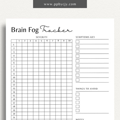 printable template page with columns and rows related to brain fog tracking