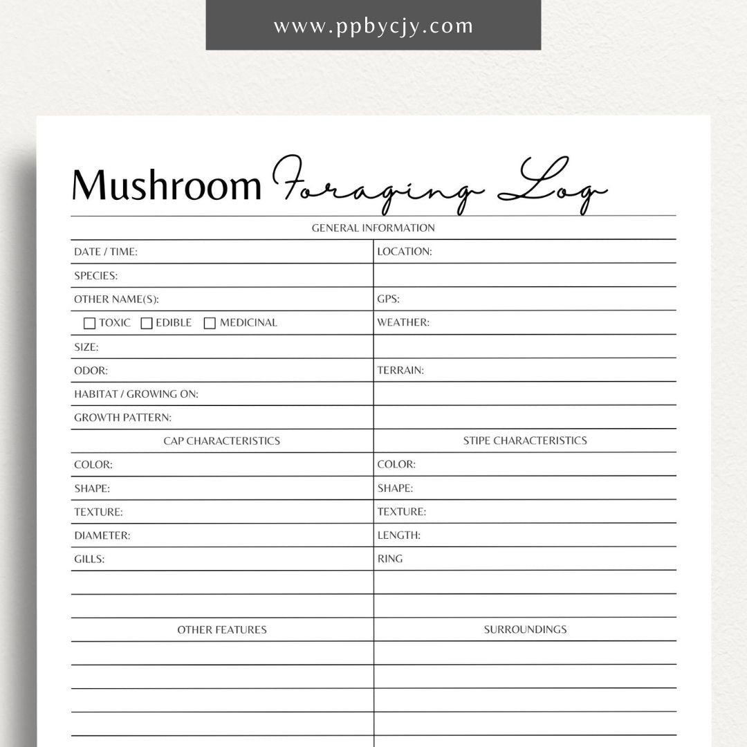 Mushroom Foraging Log Printable Template – Digital download for documenting mushroom finds, identification, and foraging notes