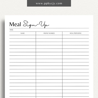 Meal Train Sign-Up Printable Template – Digital download for organizing and coordinating meal deliveries for someone in need.