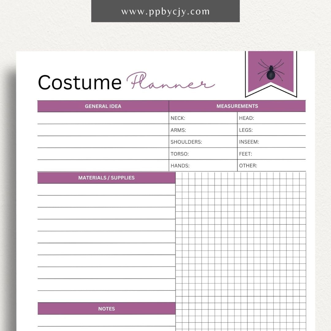 Halloween Costume Planner Printable Template – Digital download for organizing and planning your Halloween costume ideas and details.