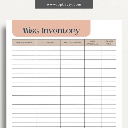 Miscellaneous Home Inventory Printable Template – Digital download for cataloging and managing various miscellaneous items in your home.