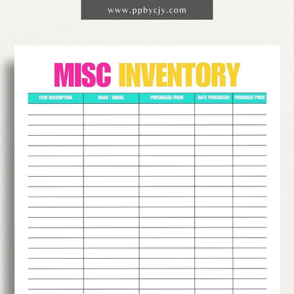 Miscellaneous Home Inventory Printable Template – Digital download for cataloging and managing various miscellaneous items in your home.