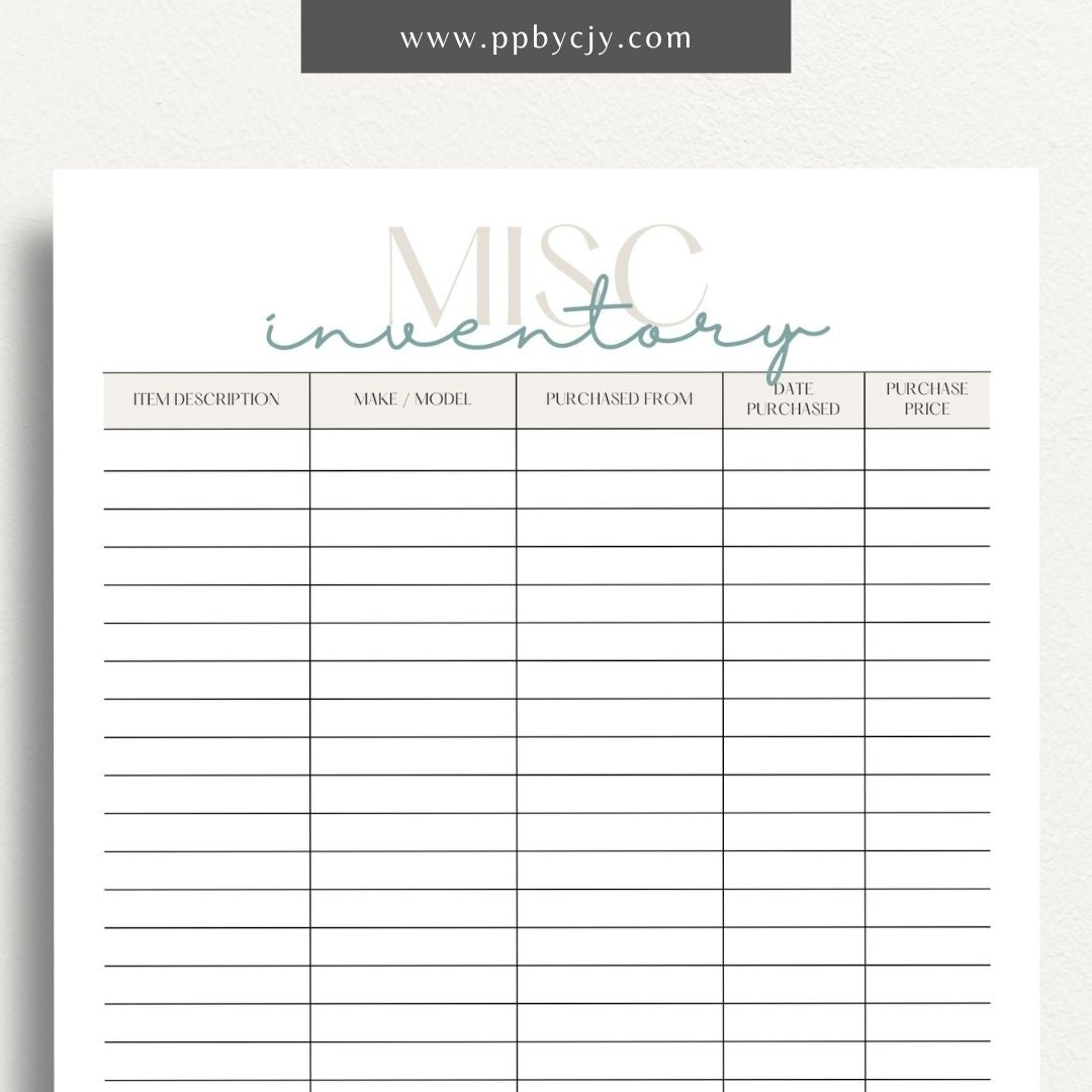 Miscellaneous Home Inventory Printable Template – Digital download for cataloging and managing various miscellaneous items in your home.